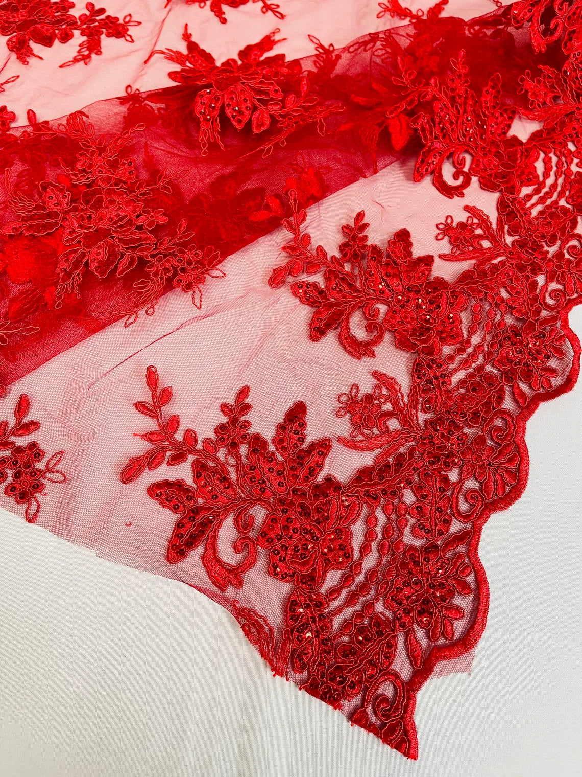Flower Lace Sequins Fabric - Red - Floral Pattern Sequins Embroidered Fabric By Yard