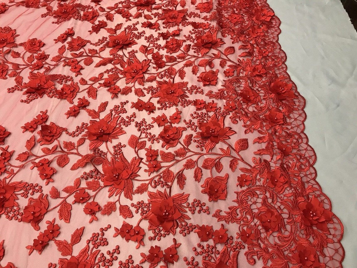 3D Floral Princess Fabric - Red - Embroidered Floral Lace Fabric with 3D Flowers By Yard