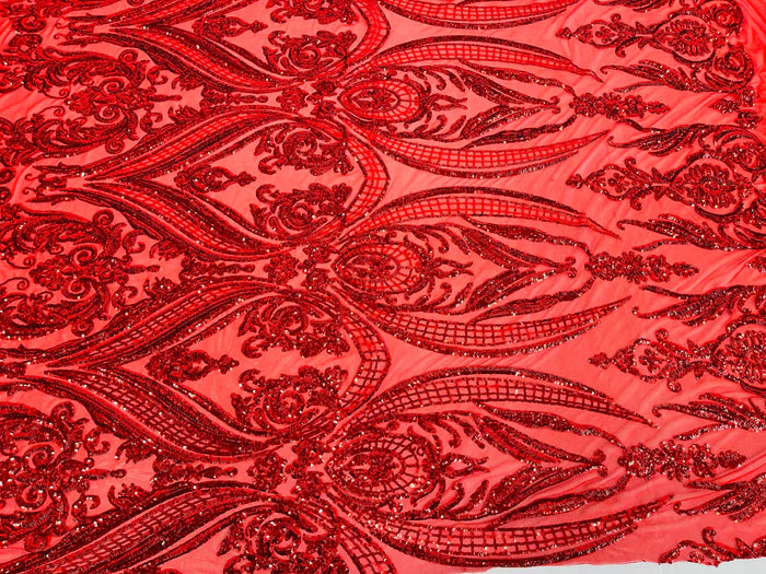 Big Damask 4 Way Sequins - Red - Embroidered Damask Design Sequins Fabric Sold By Yard