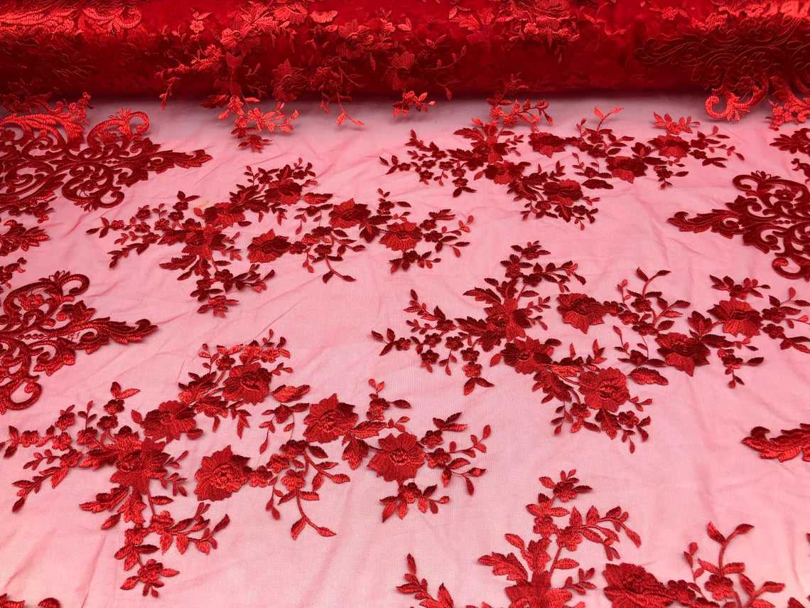 Damask Design Lace Fabric - Red - Embroidered Damask Fancy Beautiful Design Lace Fabric By Yard