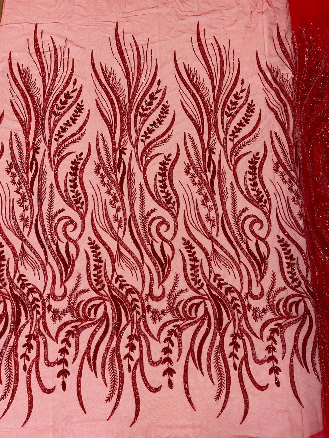 Sea Plants Design Bead Fabric - Red - Embroidered Beaded Seaweed Design Fabric By Yard