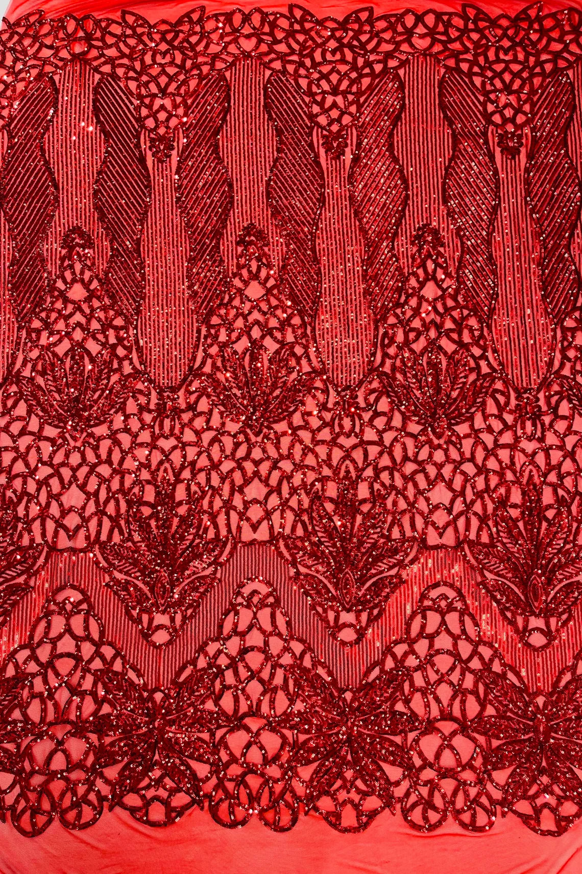 Gorgeous Star Leaf Fabric - Red - Leaf Design Embroidered 4 Way Stretch Sequins Fabric By Yard