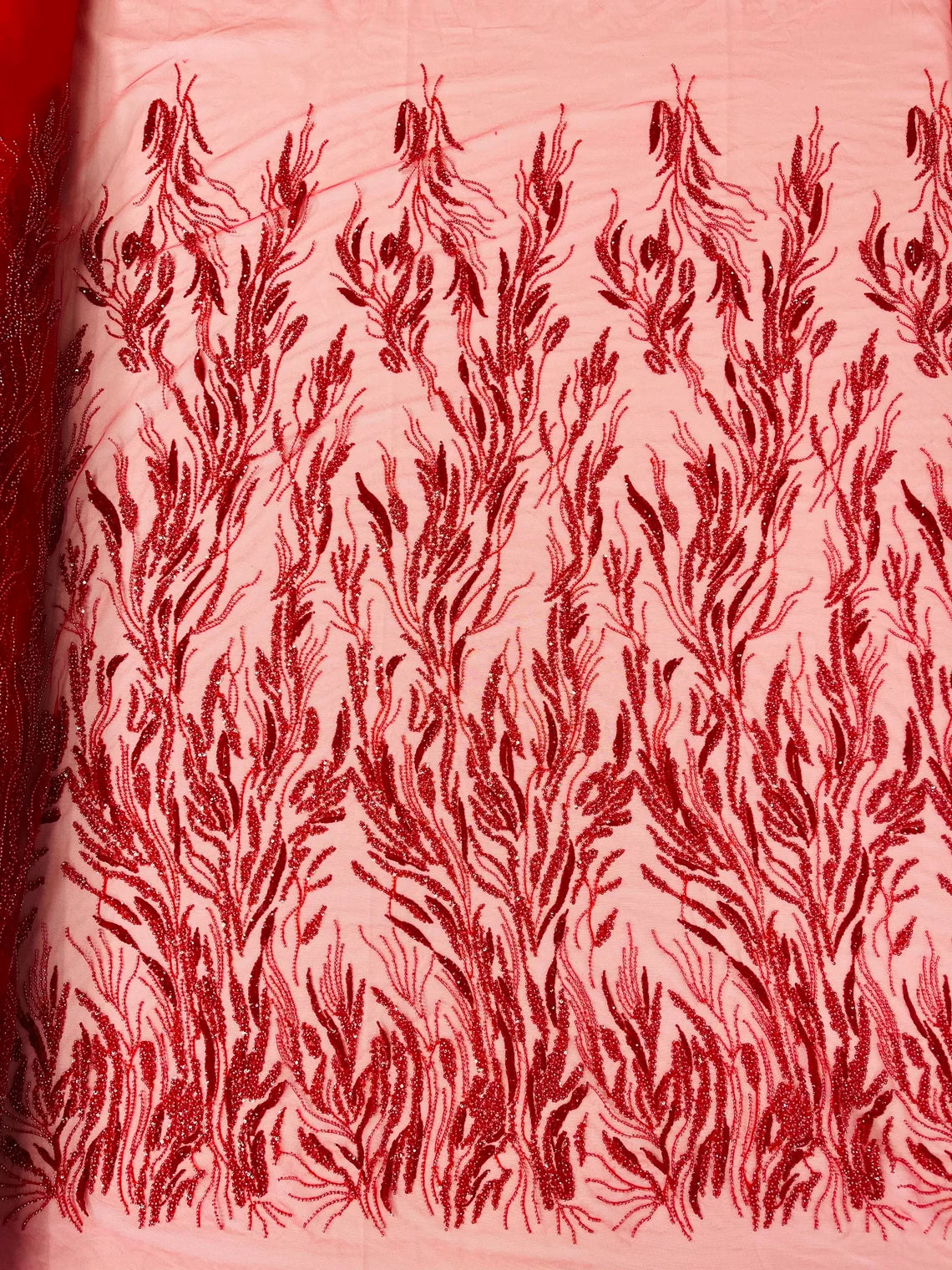 Wild Grass Design Bead Fabric - Red - Embroidered Beaded Wild Grass Plant Design Fabric By  Yard