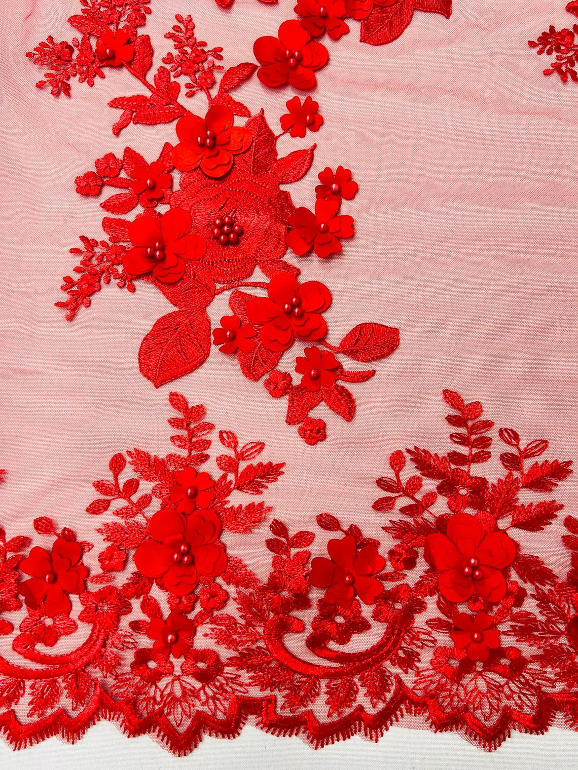 3D Flower Panels Fabric - Red - Flower Panels Bead Embroidered on Lace Fabric Sold By Yard