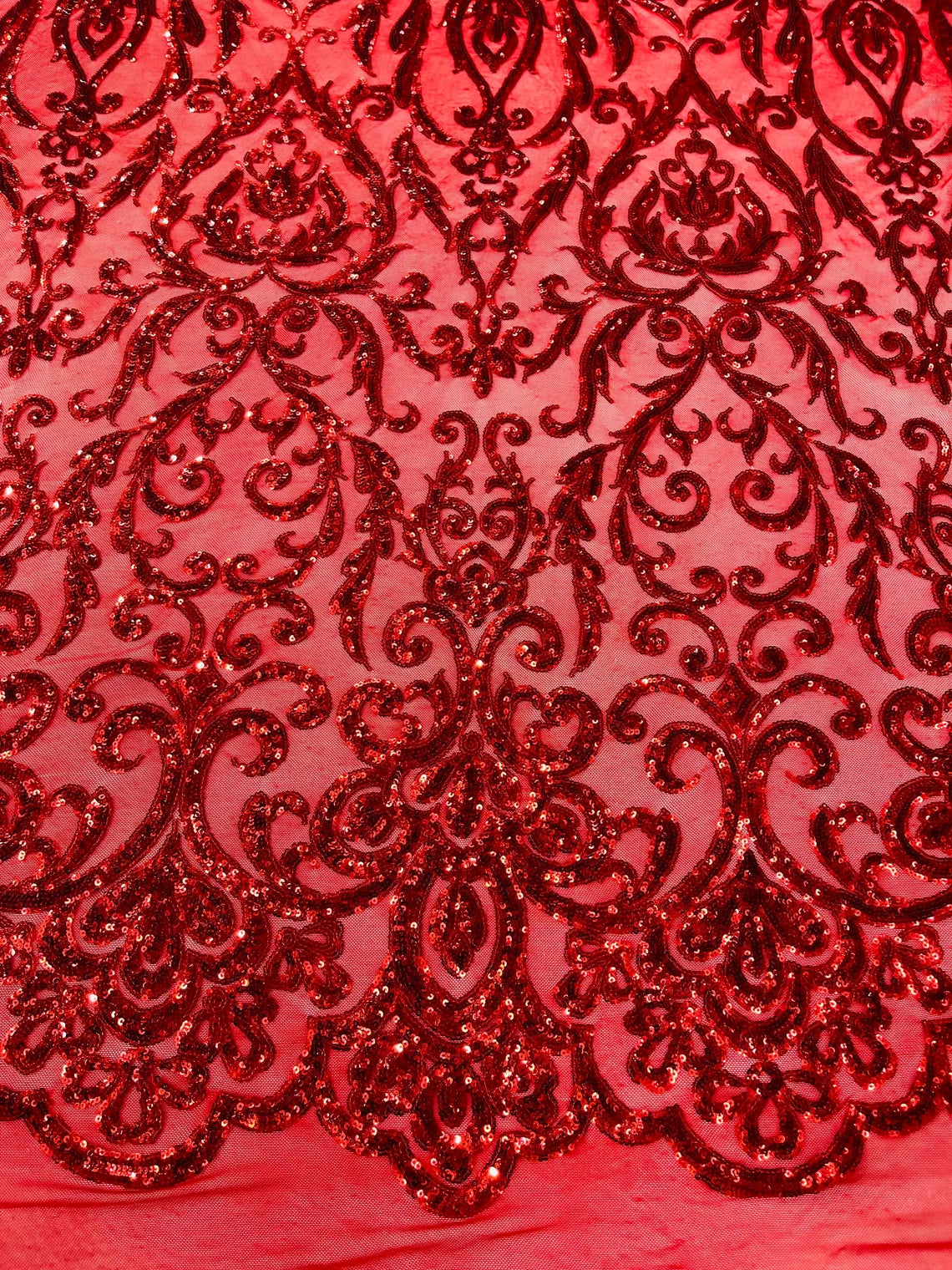 King Damask Design Sequins - Red - 4 Way Stretch Lace Mesh Embroidered Sequins By Yard