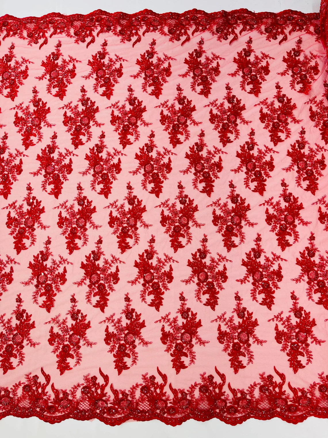 Floral Leaf Bead Sequins Fabric - Red - Embroidered Flower and Leaves Design Fabric By Yard