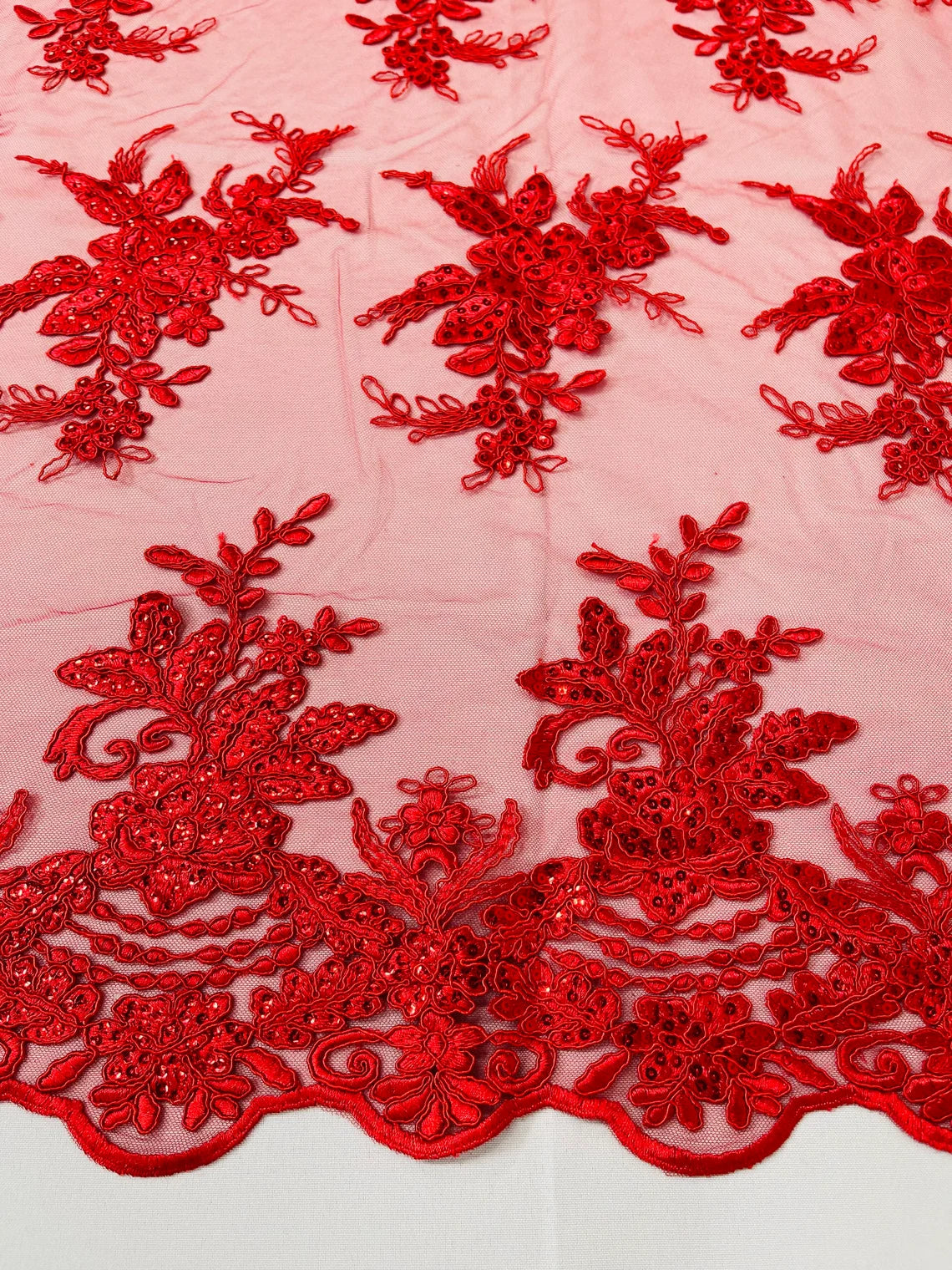 Flower Lace Sequins Fabric - Red - Floral Pattern Sequins Embroidered Fabric By Yard