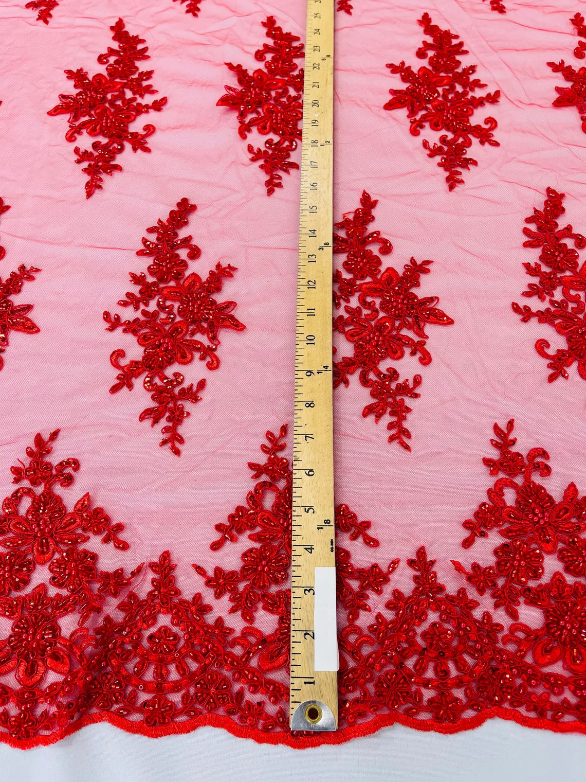 Beaded Clusters Design Fabric - Red - Embroidered Floral Cluster Design Fabric By Yard