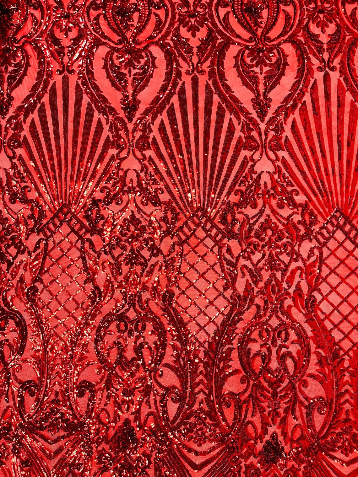 Seashell Geometric Sequins - Red - Embroidered Sequins on 4 Way Stretch Lace Mesh Sold By Yard