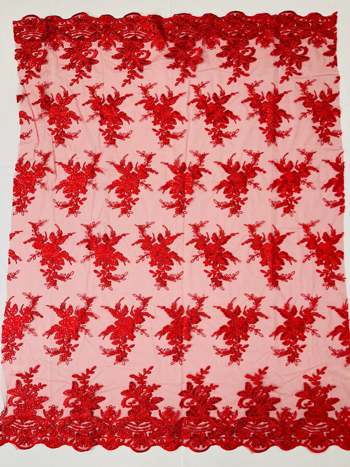 Flower Lace Sequins Fabric - Red - Floral Pattern Sequins Embroidered Fabric By Yard