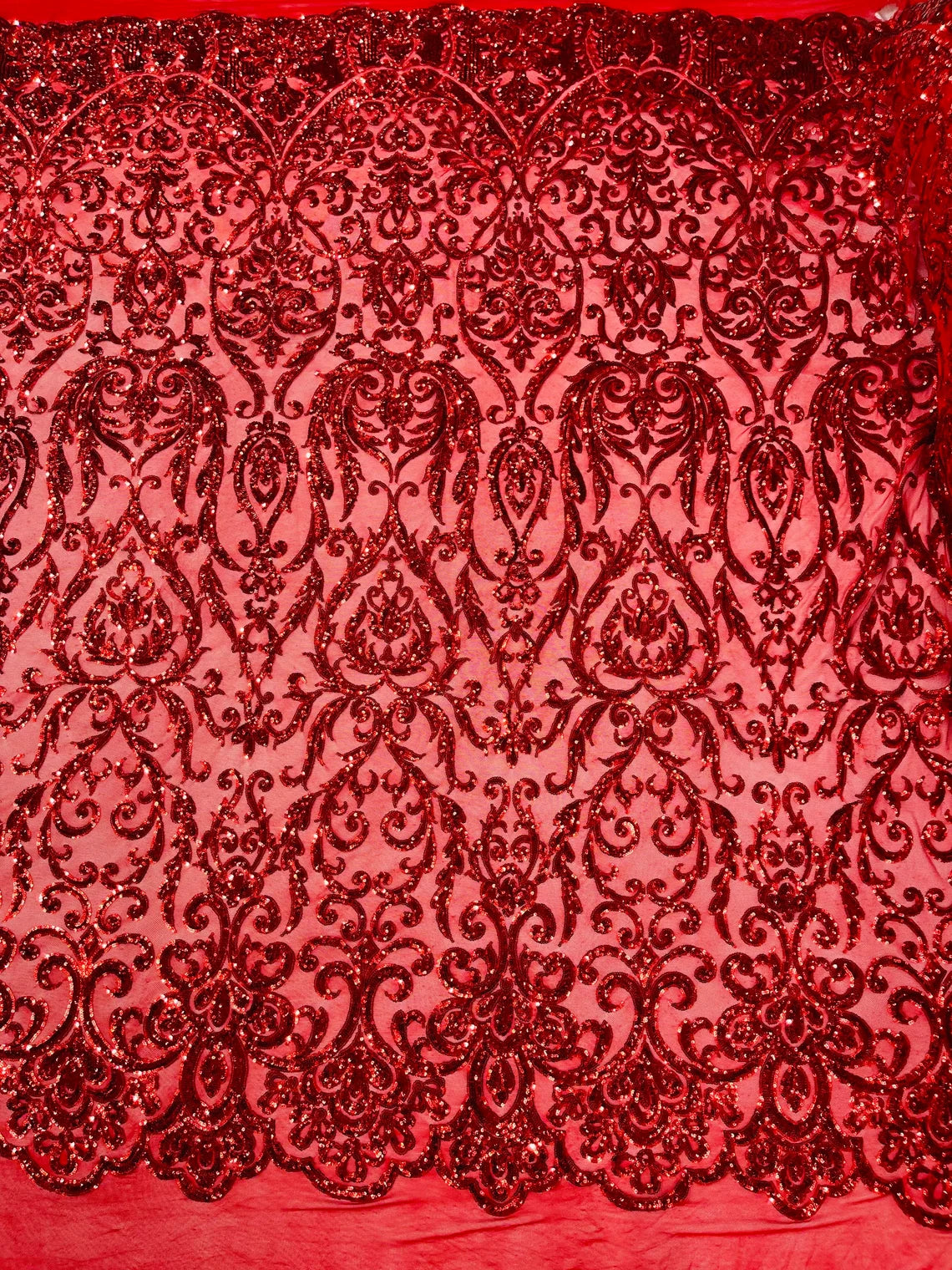 King Damask Design Sequins - Red - 4 Way Stretch Lace Mesh Embroidered Sequins By Yard