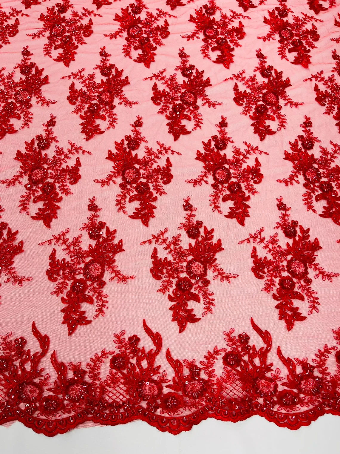 Floral Leaf Bead Sequins Fabric - Red - Embroidered Flower and Leaves Design Fabric By Yard