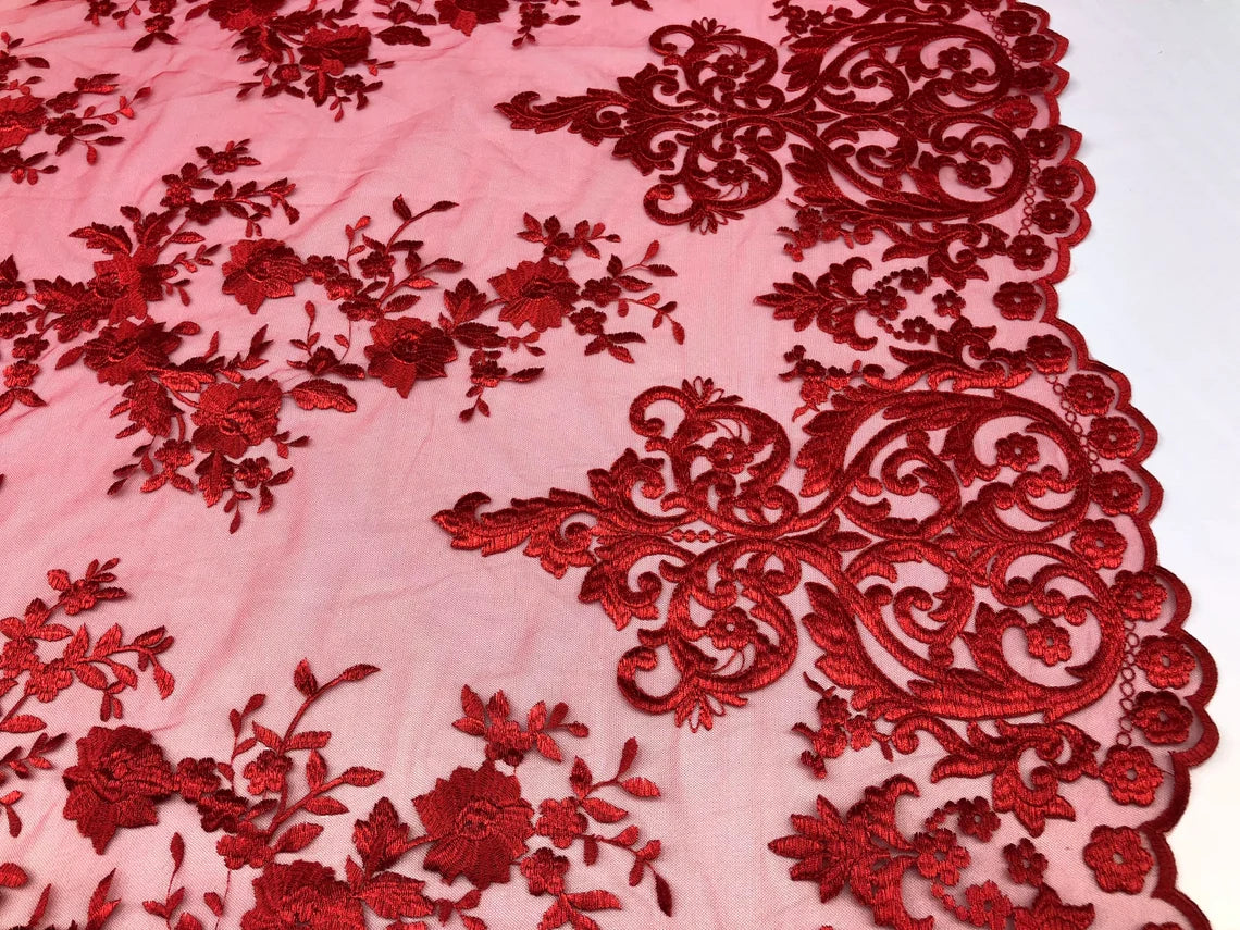 Damask Design Lace Fabric - Red - Embroidered Damask Fancy Beautiful Design Lace Fabric By Yard