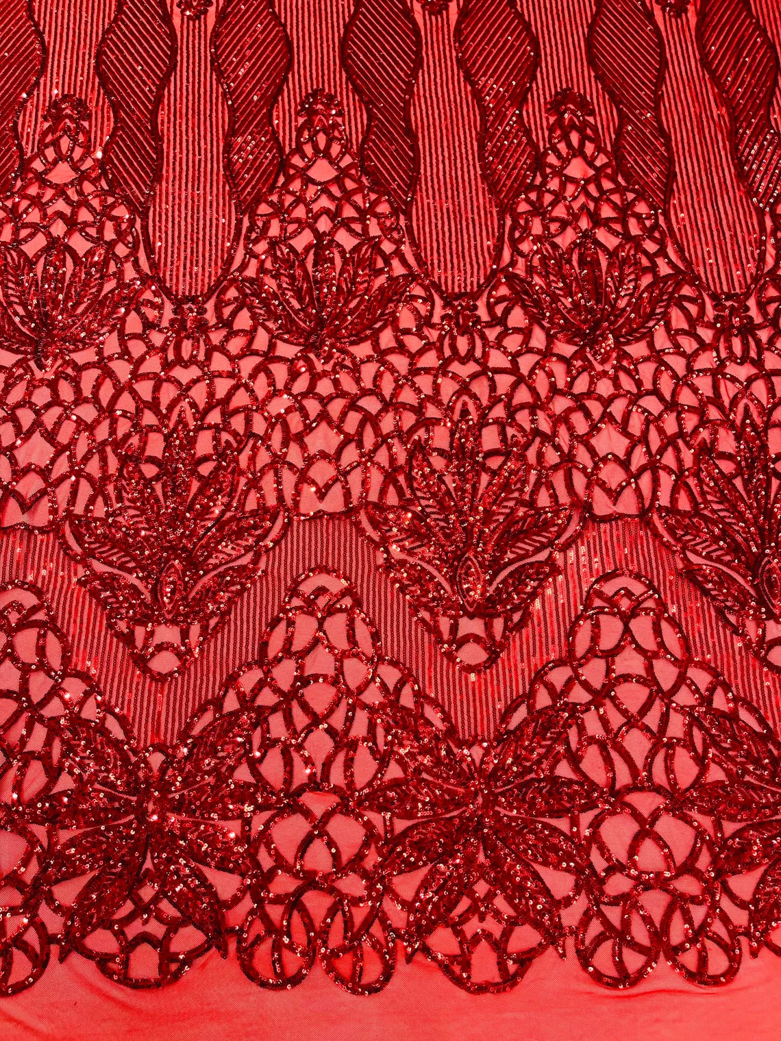 Gorgeous Star Leaf Fabric - Red - Leaf Design Embroidered 4 Way Stretch Sequins Fabric By Yard