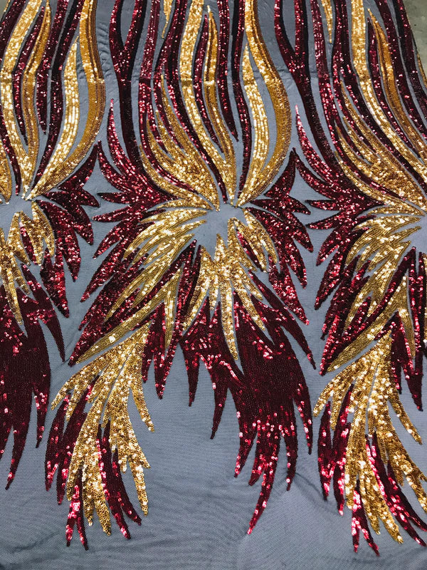 Wings Sequins Fabric - Red / Burgundy - Large Feather Wings 4 Way Stretch Sequins Design By Yard