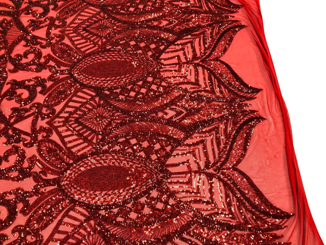 Royalty Damask Sequins Fabric - Red Holographic - Fancy Royal Lace Design 4 Way Stretch Sequins By Yard