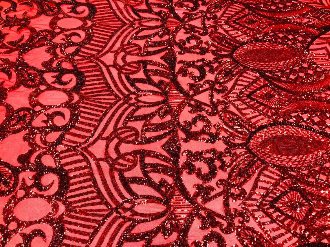 Royalty Damask Sequins Fabric - Red Holographic - Fancy Royal Lace Design 4 Way Stretch Sequins By Yard