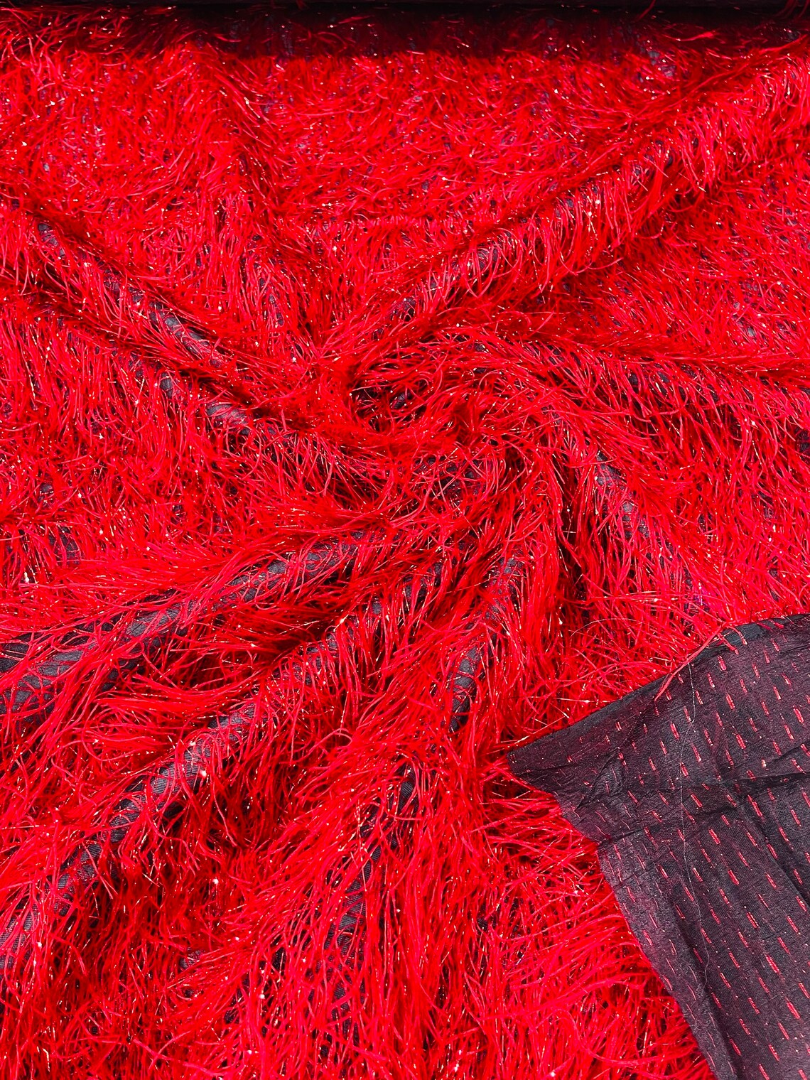 Eyelash Fringe Metallic Fabric - Red on Black - Hanging Fringe Metallic Decorative Crafts Dress Fabric By Yard