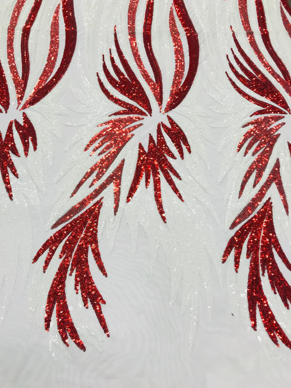 Wings Sequins Fabric - Red/ White - Large Feather Wings 4 Way Stretch Sequins Design By Yard