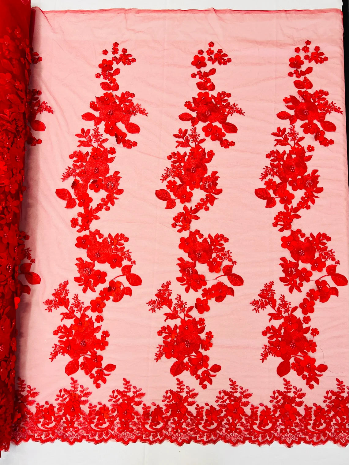 3D Flower Panels Fabric - Red - Flower Panels Bead Embroidered on Lace Fabric Sold By Yard