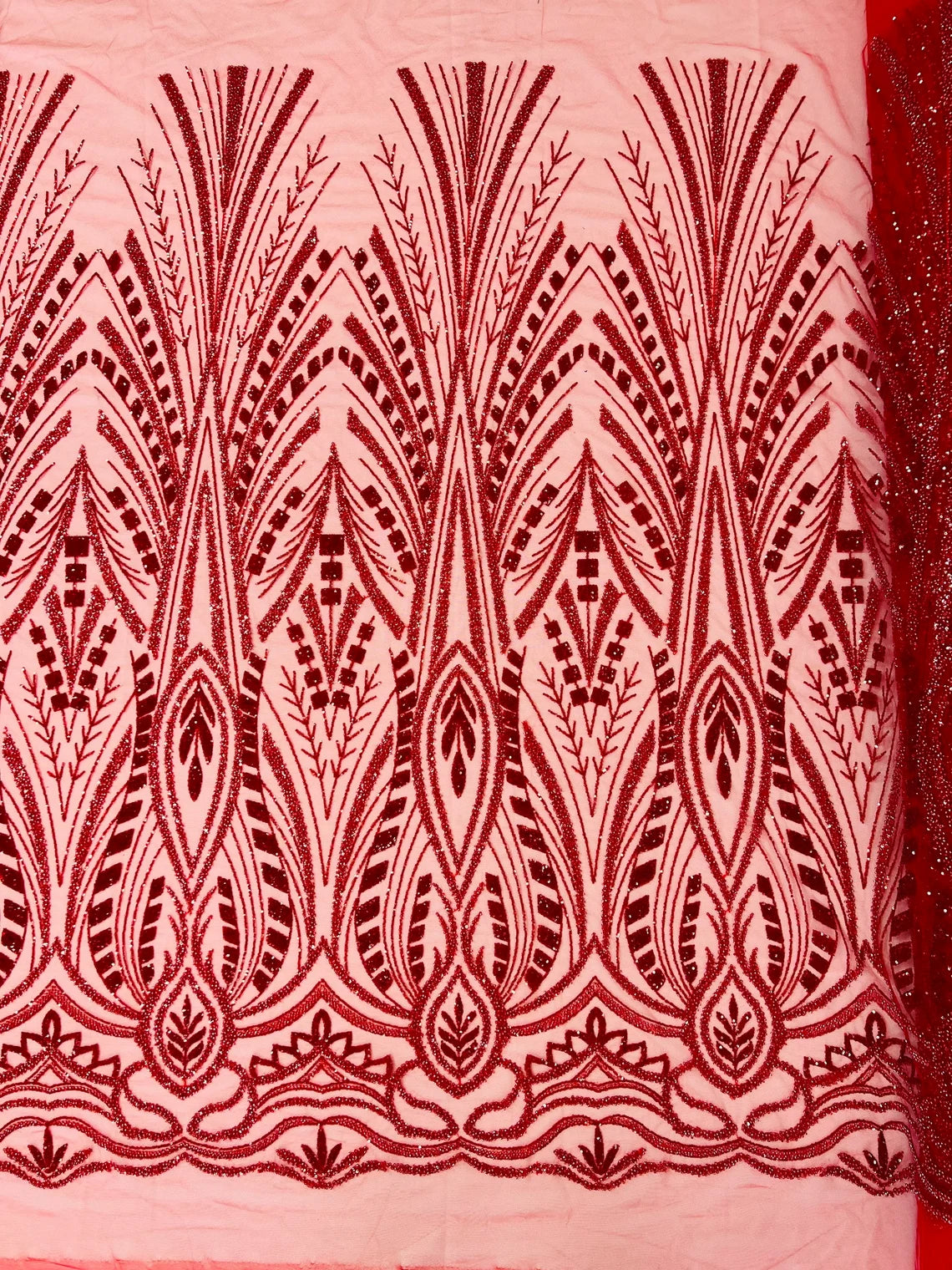 Geometric Beaded Fabric - Red - Embroidered Beaded Geometric Shape Design Fabric By Yard