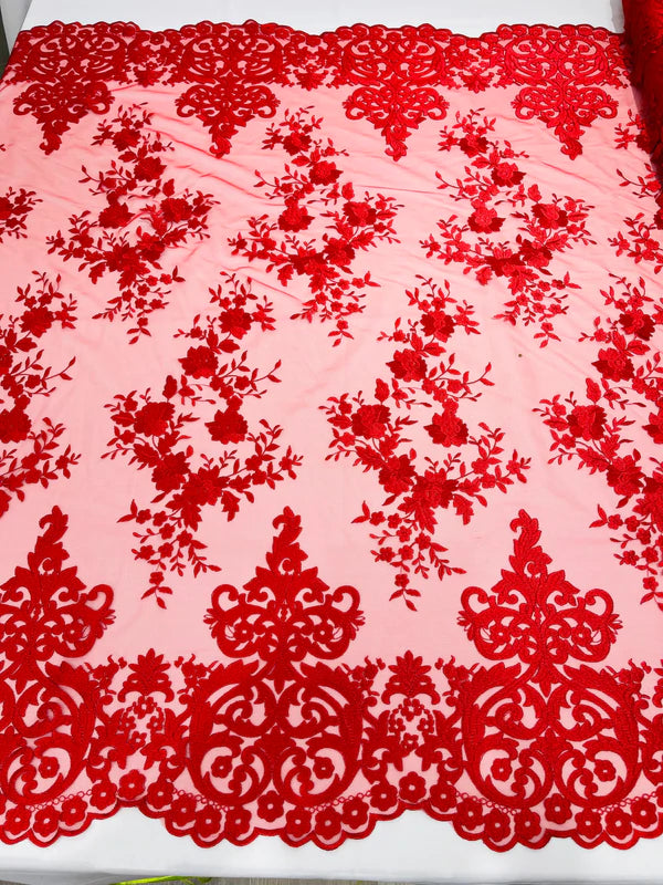 Damask Design Lace Fabric - Red - Embroidered Damask Fancy Beautiful Design Lace Fabric By Yard