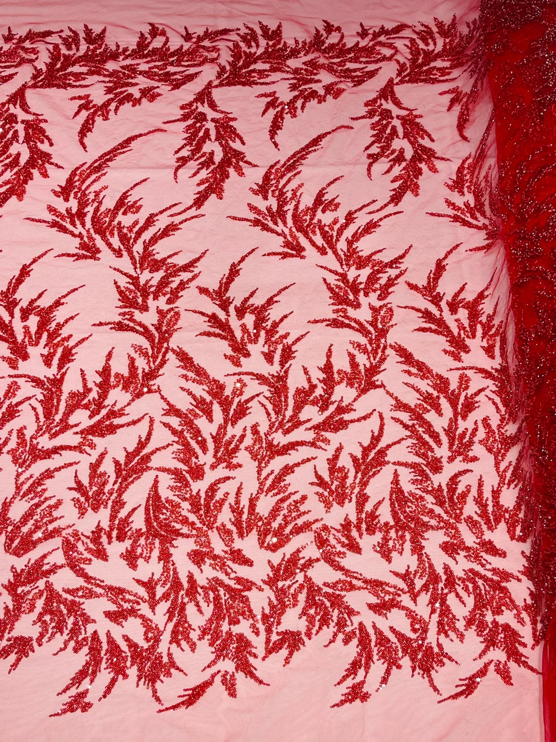 Long Leaf Plant Design Fabric - Red - Beaded Nature Leaf Sequins Design Fabric By Yard