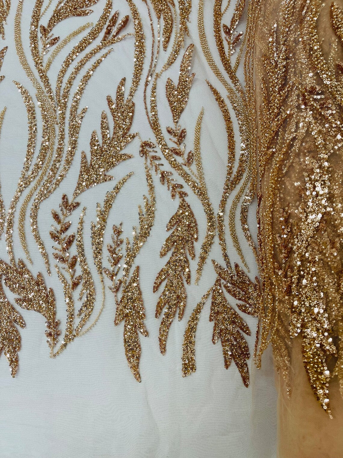 Wavy Beaded Leaf Fabric - Rose Gold - Embroidered Beaded Leaf Pattern Lace Fabric Sold By The Yard