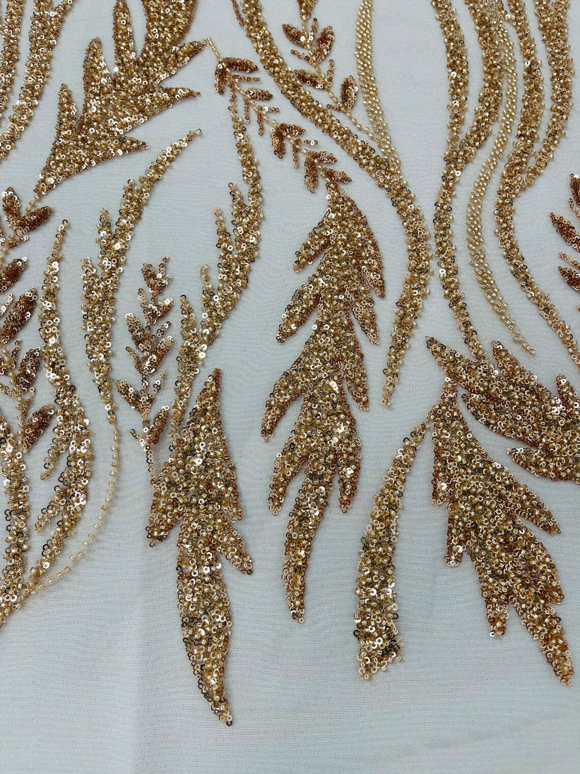 Wavy Beaded Leaf Fabric - Rose Gold - Embroidered Beaded Leaf Pattern Lace Fabric Sold By The Yard