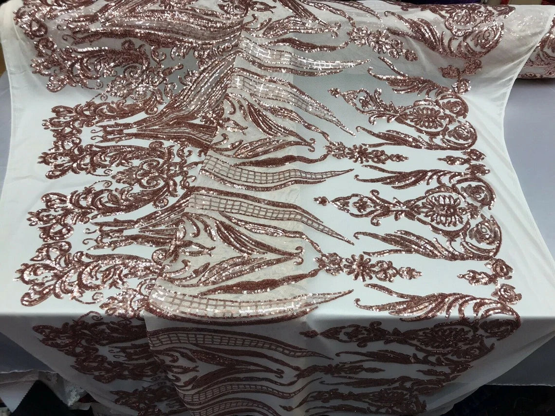 Big Damask 4 Way Sequins - Rose Gold - Embroidered Damask Design Sequins Fabric Sold By Yard