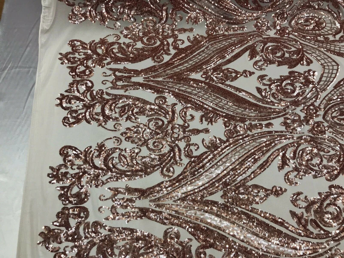 Big Damask 4 Way Sequins - Rose Gold - Embroidered Damask Design Sequins Fabric Sold By Yard