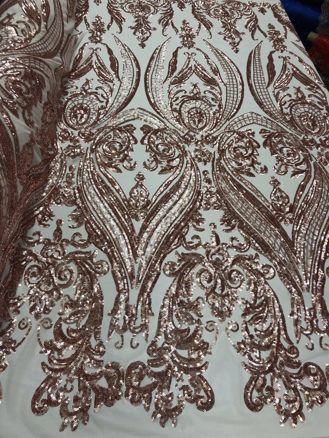 Big Damask 4 Way Sequins - Rose Gold - Embroidered Damask Design Sequins Fabric Sold By Yard