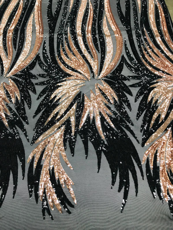 Wings Sequins Fabric - Rose Gold - Large Feather Wings 4 Way Stretch Sequins Design By Yard