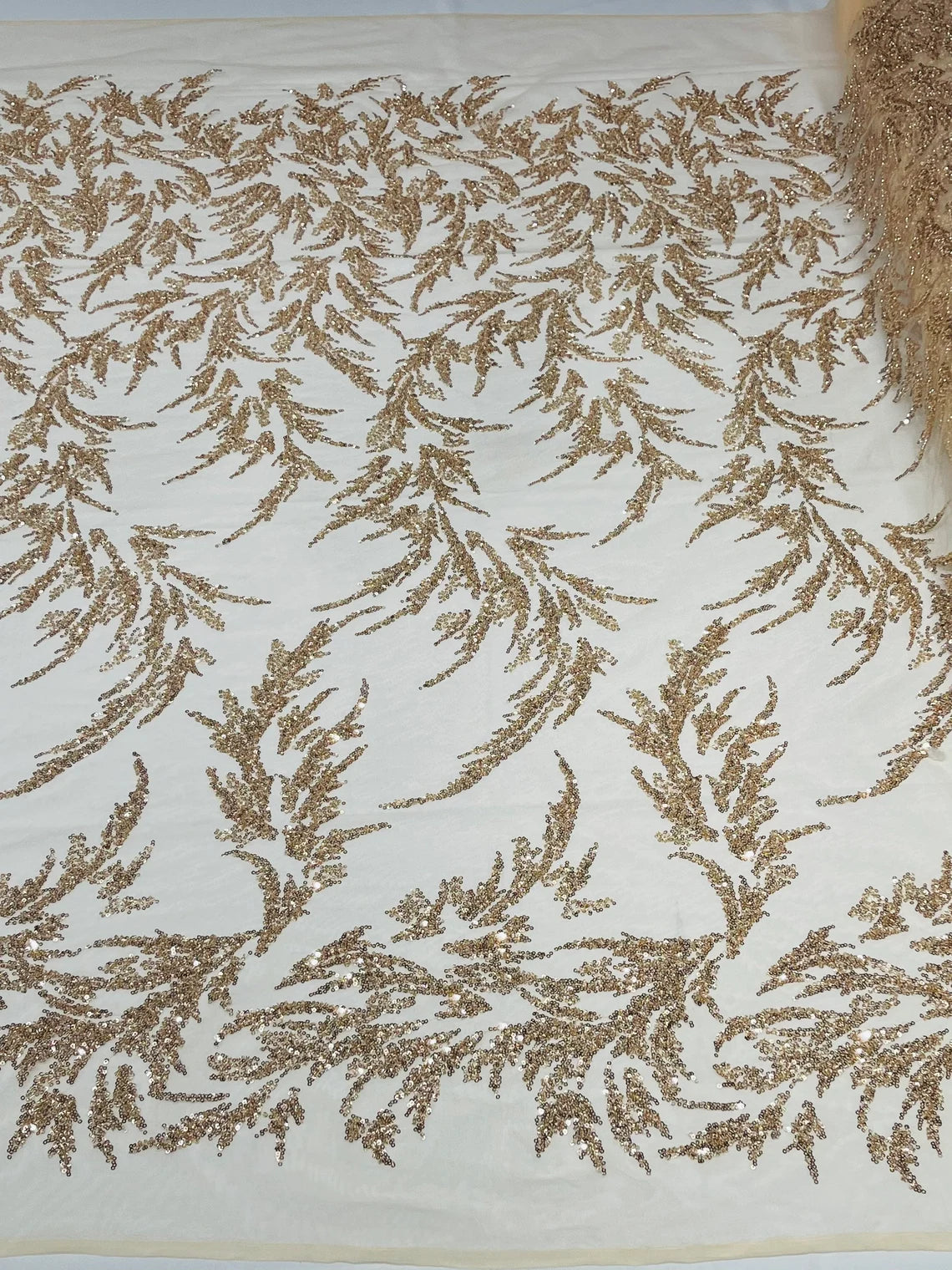 Long Leaf Plant Design Fabric - Rose Gold - Beaded Nature Leaf Sequins Design Fabric By Yard