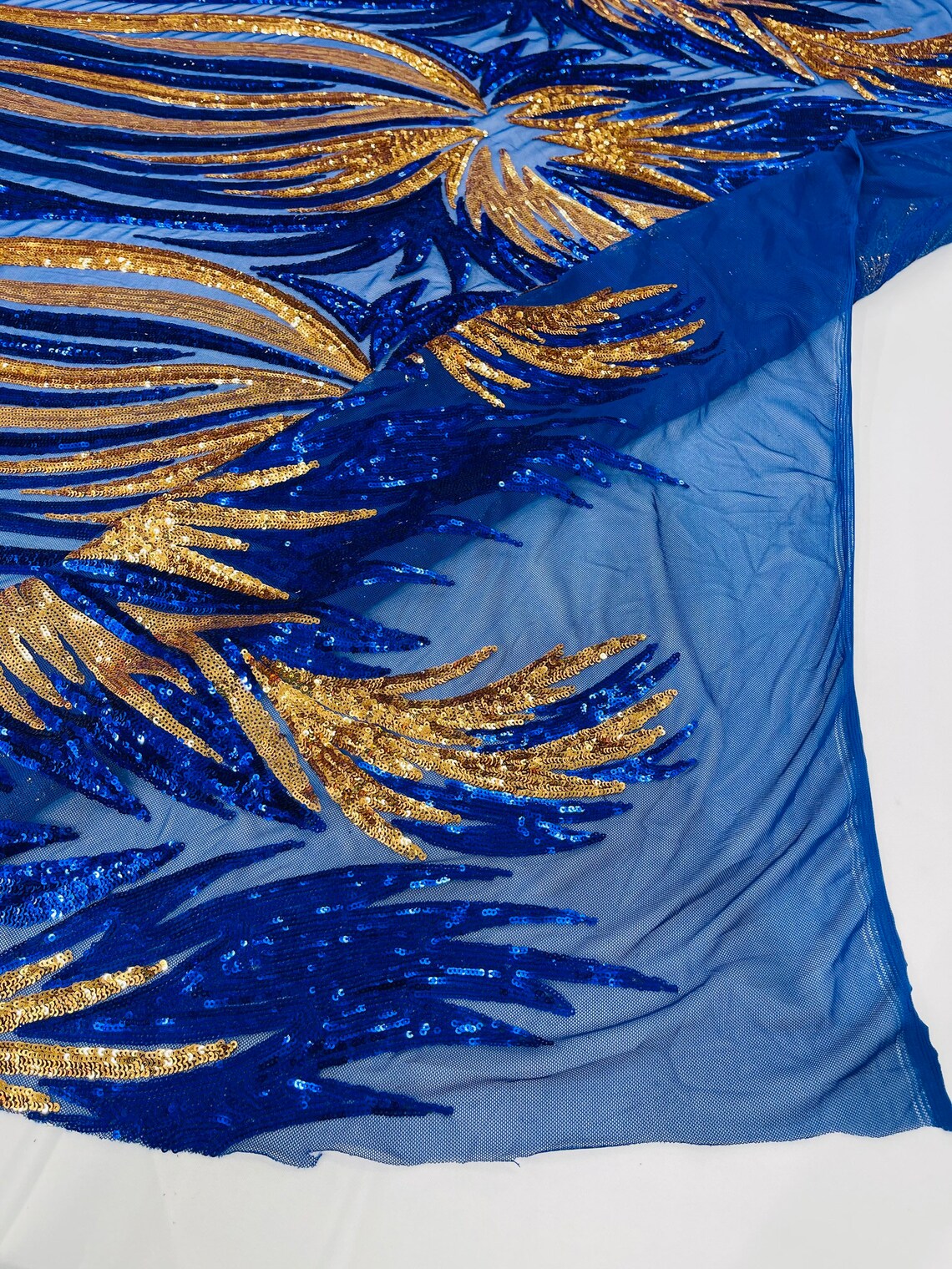 Wings Sequins Fabric - Royal Blue / Gold - Large Feather Wings 4 Way Stretch Sequins Design By Yard