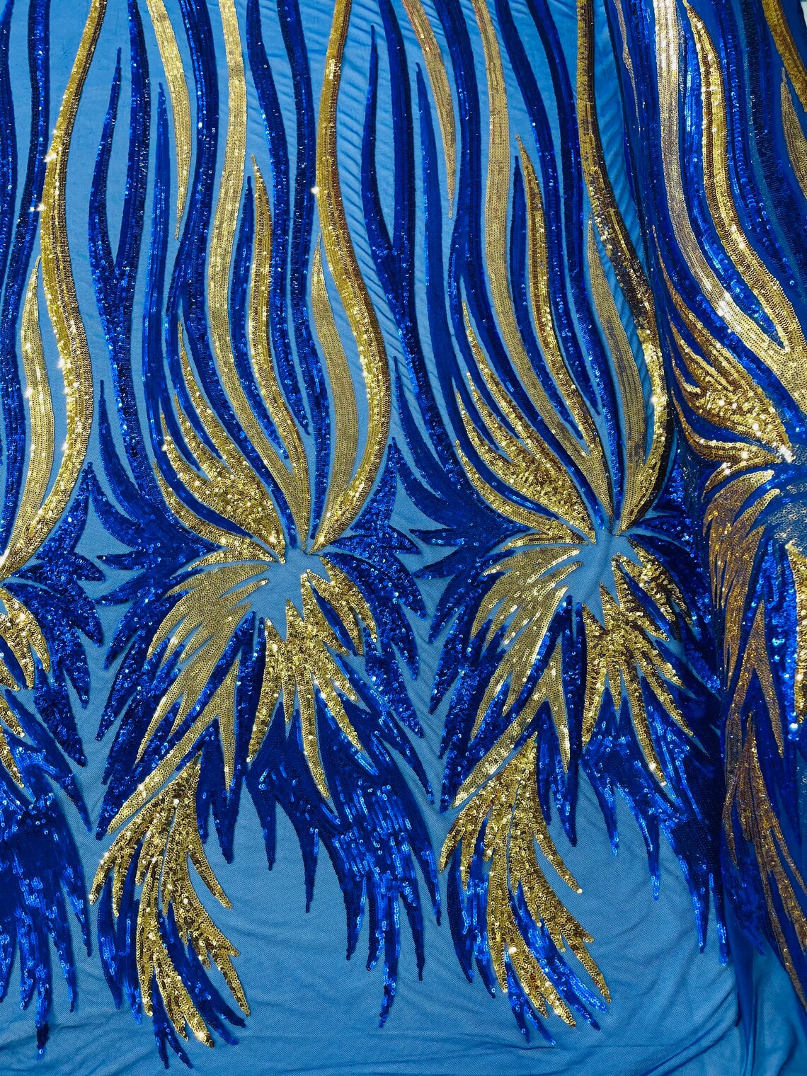 Wings Sequins Fabric - Royal Blue / Gold - Large Feather Wings 4 Way Stretch Sequins Design By Yard