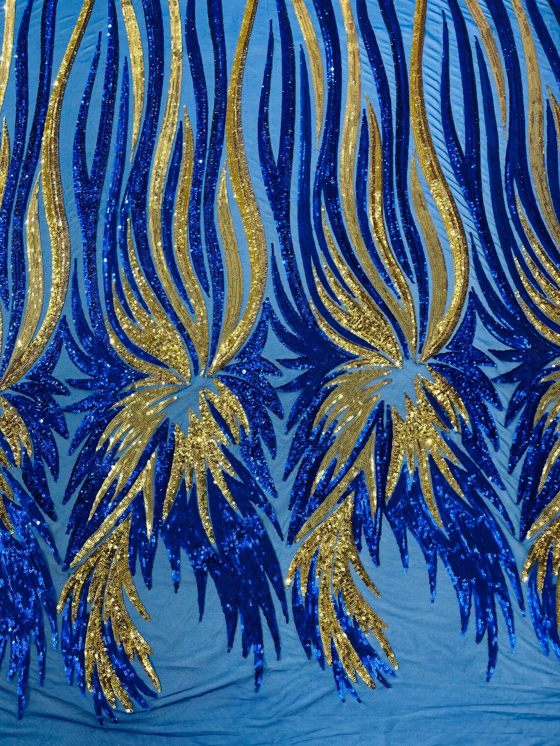 Wings Sequins Fabric - Royal Blue / Gold - Large Feather Wings 4 Way Stretch Sequins Design By Yard