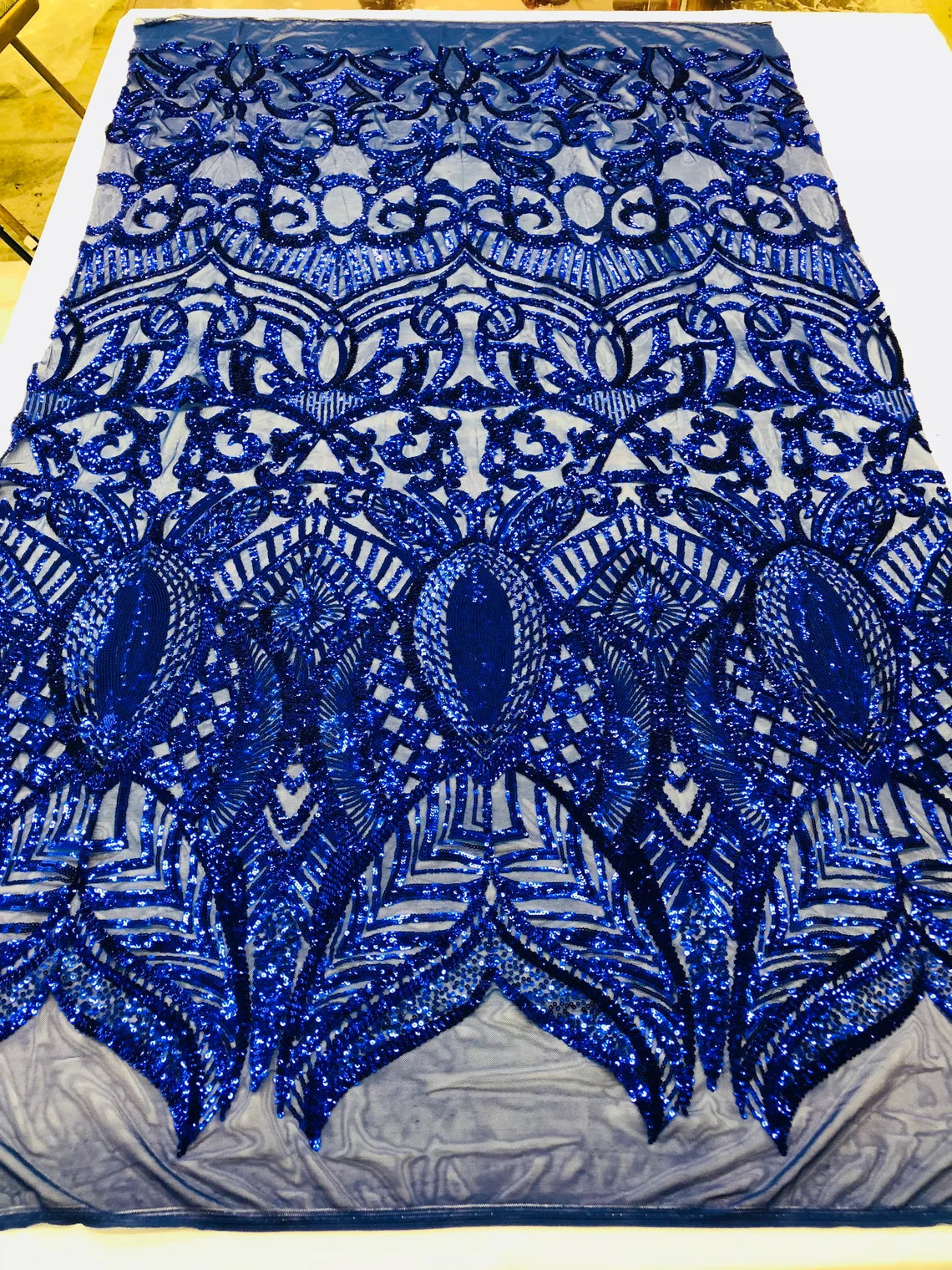 Royalty Damask Sequins Fabric - Royal Blue - Fancy Royal Lace Design 4 Way Stretch Sequins By Yard