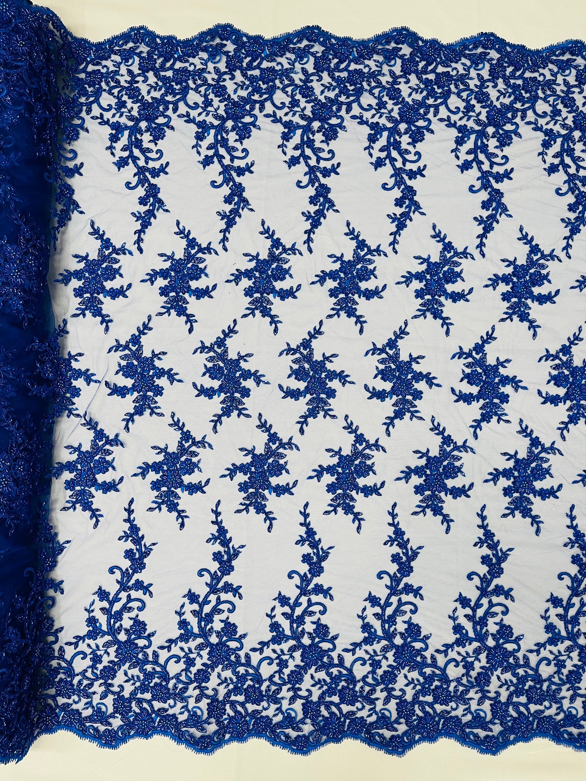 Floral Long Border Bead Fabric - Royal Blue - Embroidered Floral Cluster Design Fabric By Yard