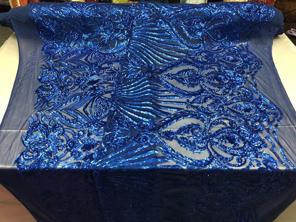 Seashell Geometric Sequins - Royal Blue - Embroidered Sequins on 4 Way Stretch Lace Mesh Sold By Yard