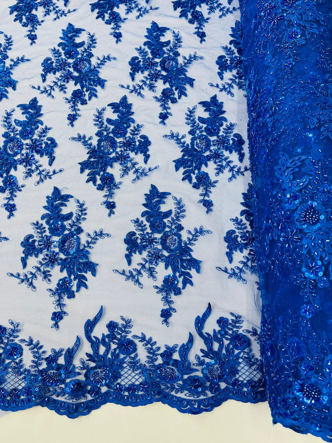 Floral Leaf Bead Sequins Fabric - Royal Blue - Embroidered Flower and Leaves Design Fabric By Yard