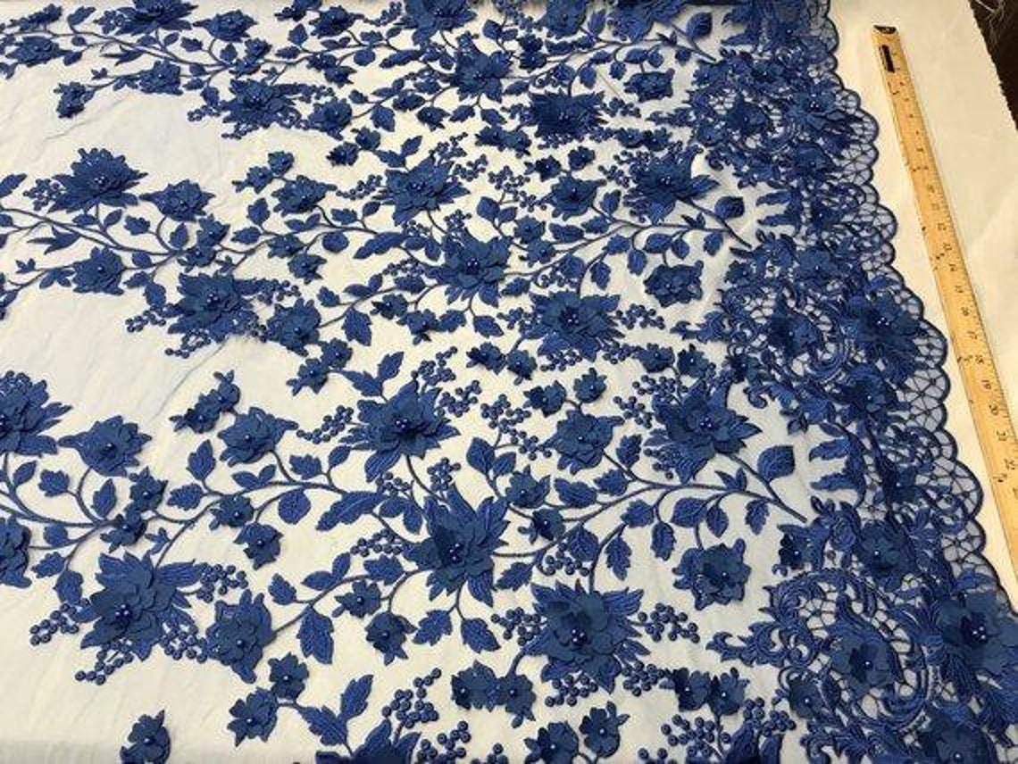 3D Floral Princess Fabric - Royal Blue - Embroidered Floral Lace Fabric with 3D Flowers By Yard