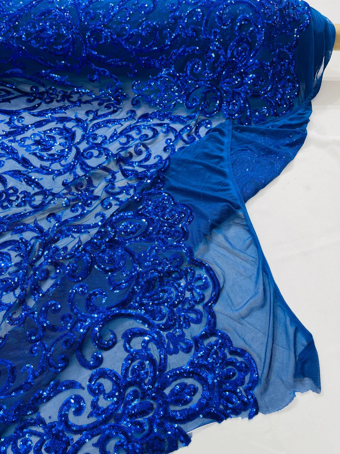 King Damask Design Sequins - Royal Blue - 4 Way Stretch Lace Mesh Embroidered Sequins By Yard