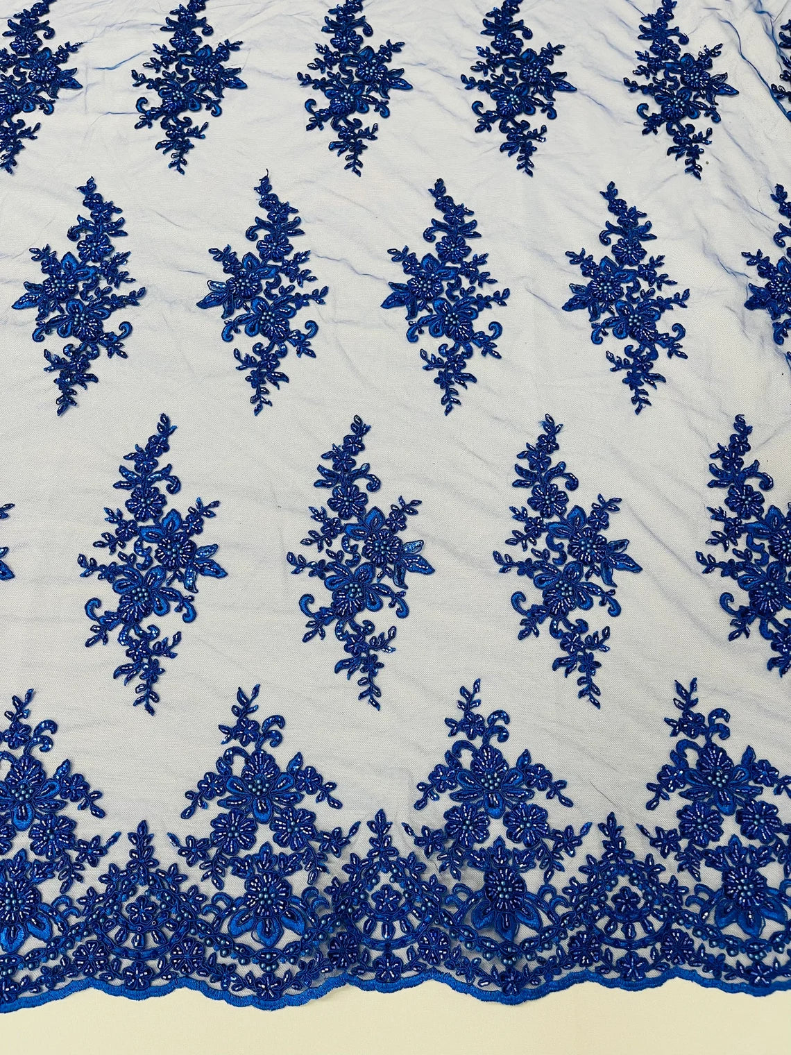 Beaded Clusters Design Fabric - Royal Blue - Embroidered Floral Cluster Design Fabric By Yard