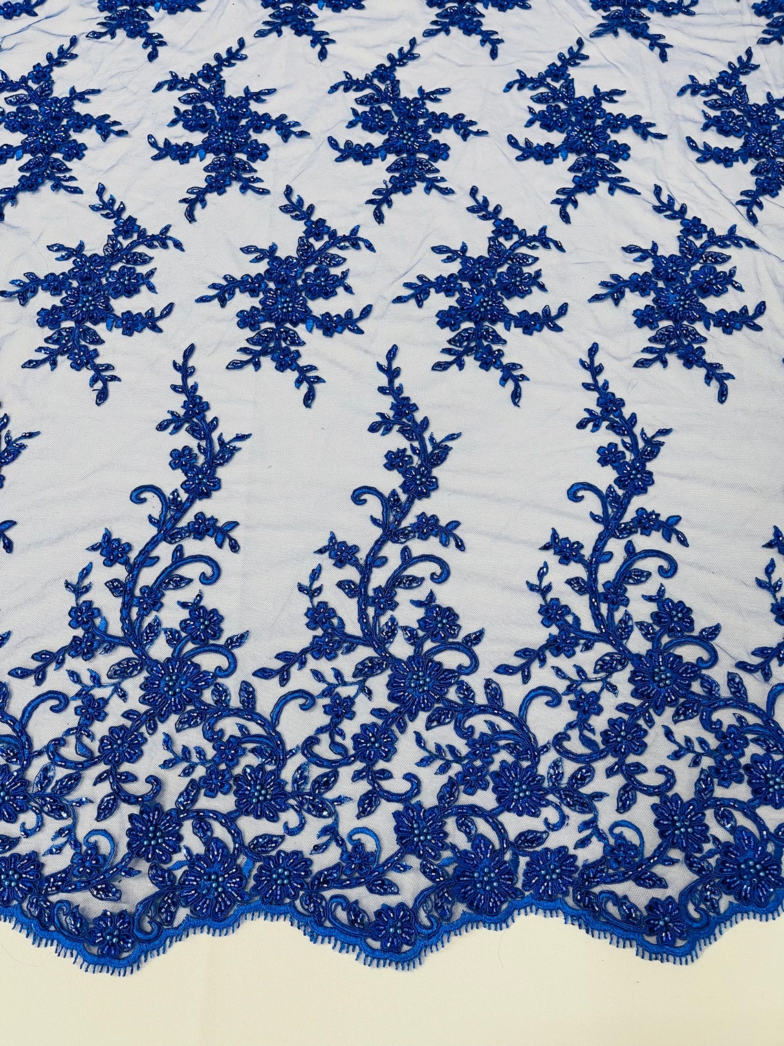 Floral Long Border Bead Fabric - Royal Blue - Embroidered Floral Cluster Design Fabric By Yard