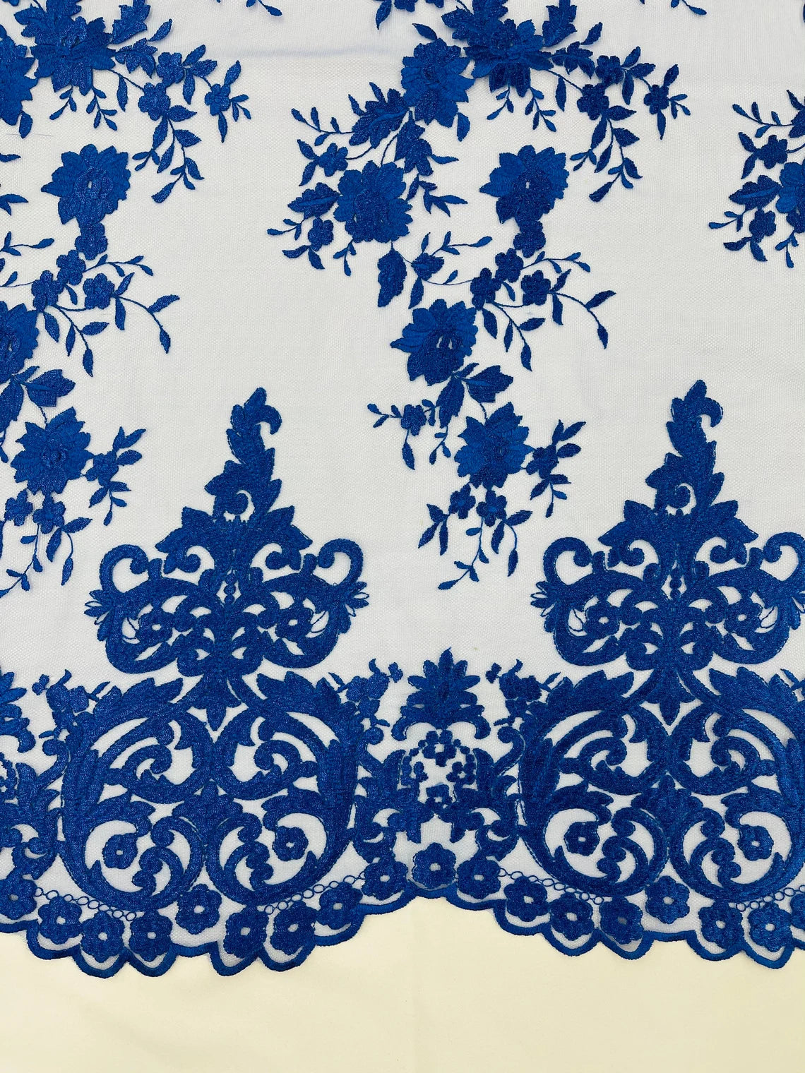 Damask Design Lace Fabric - Royal Blue  - Embroidered Damask Fancy Beautiful Design Lace Fabric By Yard