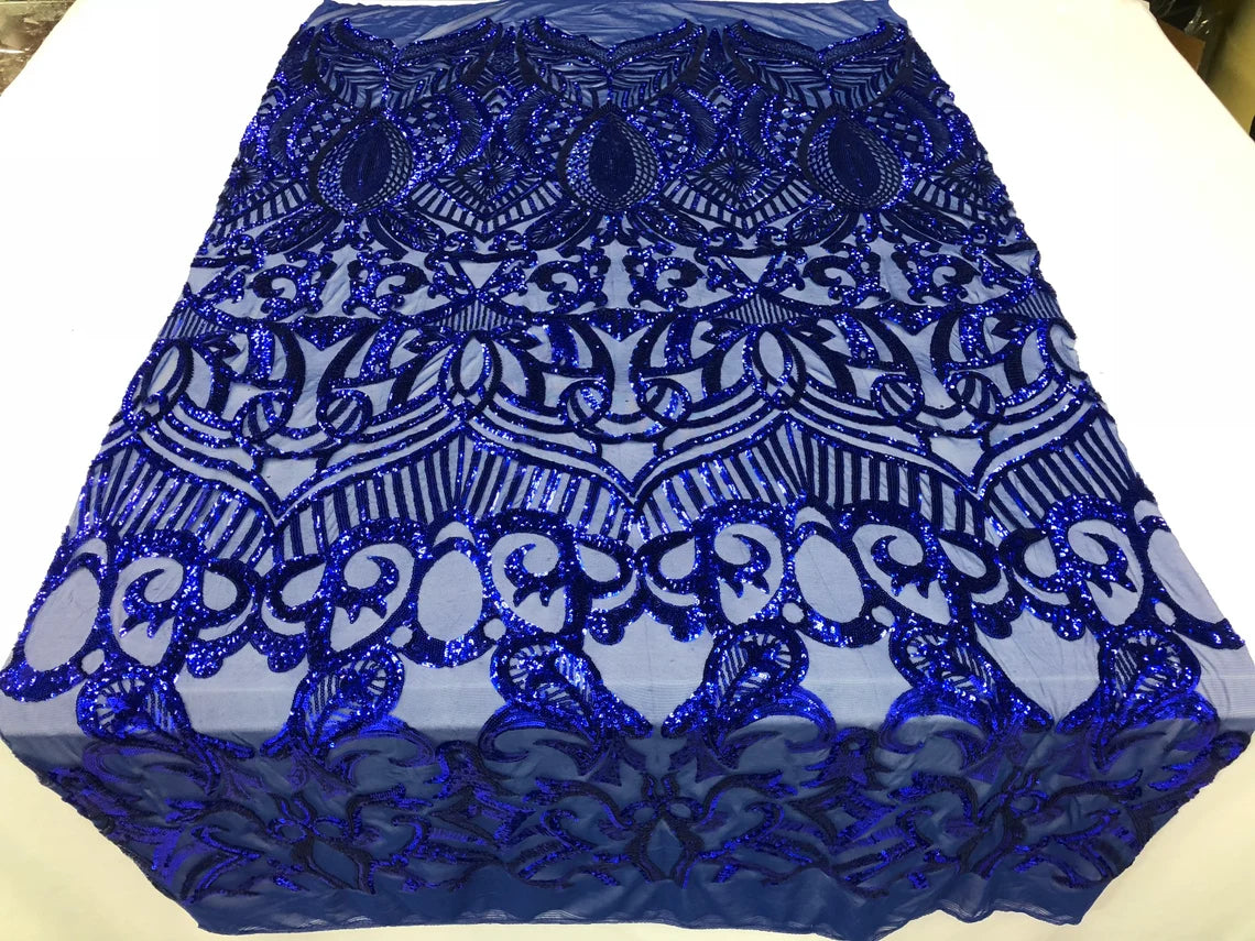 Royalty Damask Sequins Fabric - Royal Blue - Fancy Royal Lace Design 4 Way Stretch Sequins By Yard