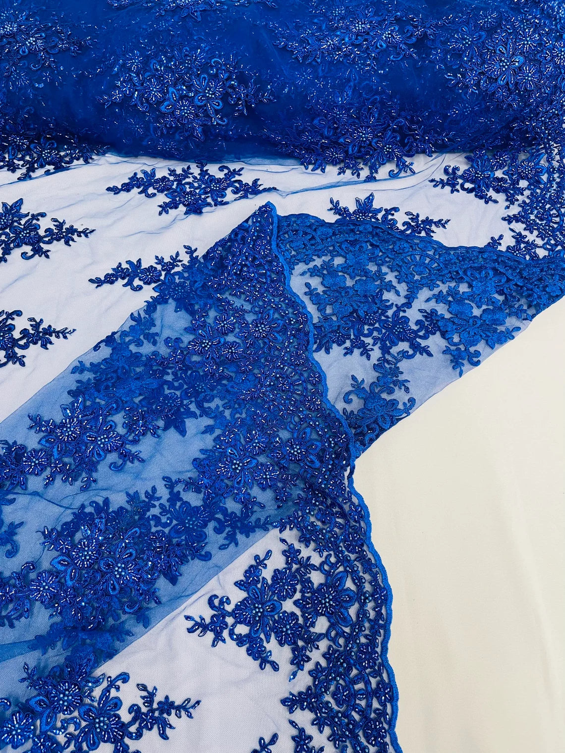 Beaded Clusters Design Fabric - Royal Blue - Embroidered Floral Cluster Design Fabric By Yard