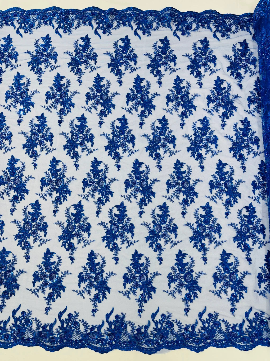 Floral Leaf Bead Sequins Fabric - Royal Blue - Embroidered Flower and Leaves Design Fabric By Yard