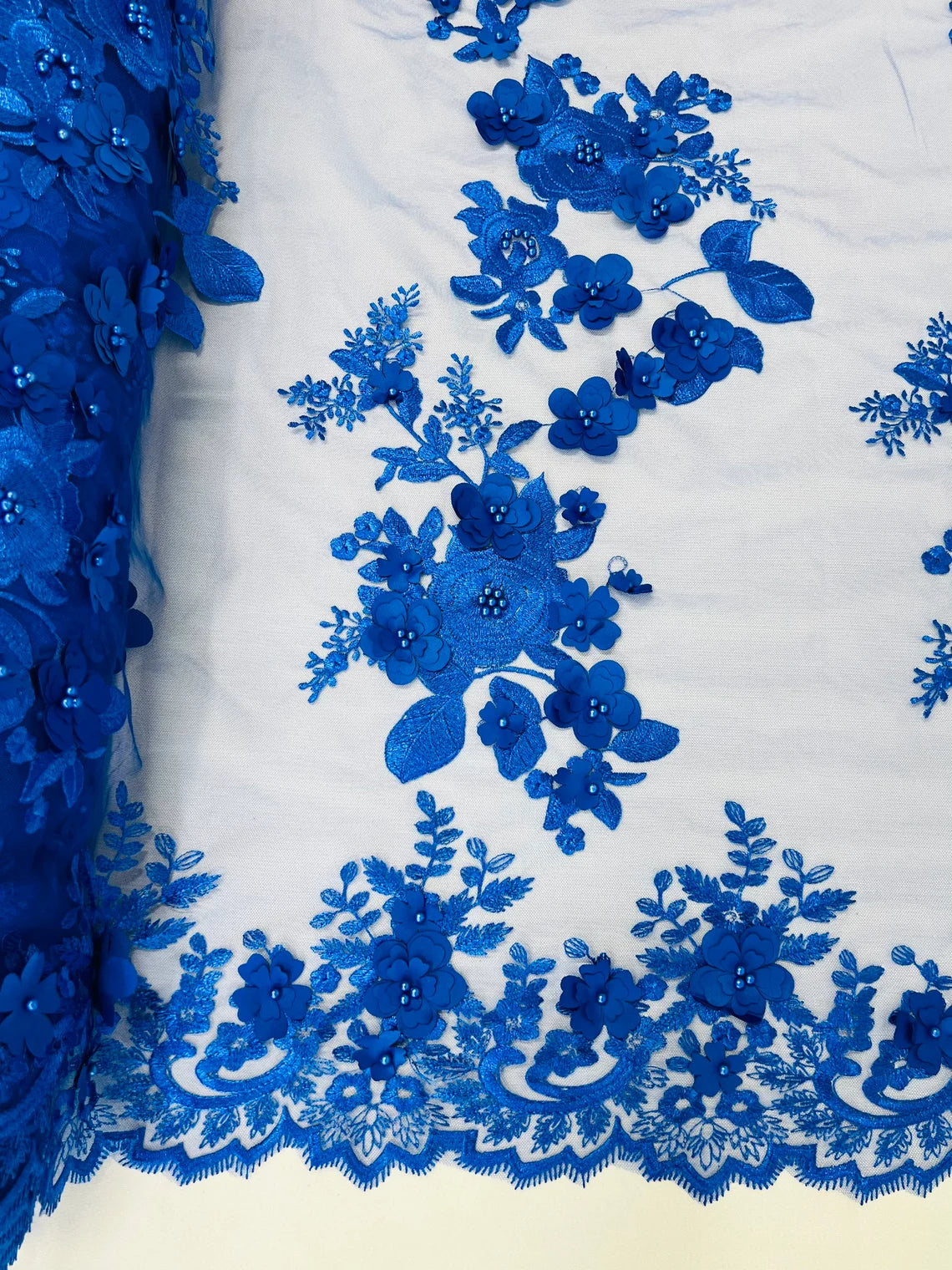 3D Flower Panels Fabric - Royal Blue - Flower Panels Bead Embroidered on Lace Fabric Sold By Yard
